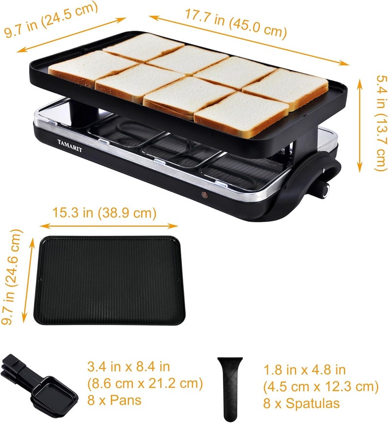 Tamarit Classic 8 Person Raclette Grill 1500W Electric Tabletop Griddle with Reversible Plate, 8 Non-Stick Cheese Trays and Spatulas Indoor Portable Korean BBQ Barbecue Party Grill Black - Image 2